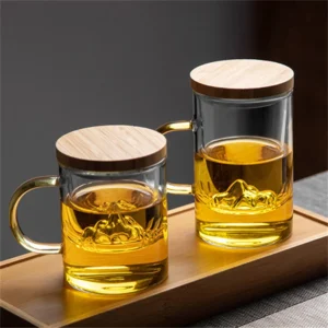 Chinese Style Heat-resistant Glass Tea Infuser Cup With Mountain Filter Handle Bamboo Lid Flower Teacup Office Tea Mug Drinkware