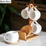 Simple White Ceramic Coffee Cup & Saucer Set Bamboo Wood Stand Afternoon Tea Coffee Tea Cup Delicate 190ml Home Mug Family Gift