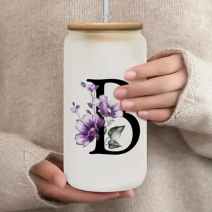 1PC, Letter Flower A-Z Coffee Mugs for Office and Home, 16OZ Glass Cups With Bamboo Lids And Straw, Birthday Gifts for Women