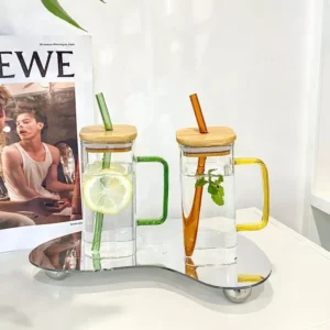 Square Glass Cup with Bamboo Lid, Clear Drinking Glasses, Colorful Glass Straw,, Juice, Bubble Tea Cup, Large Capacity Water Cup 2