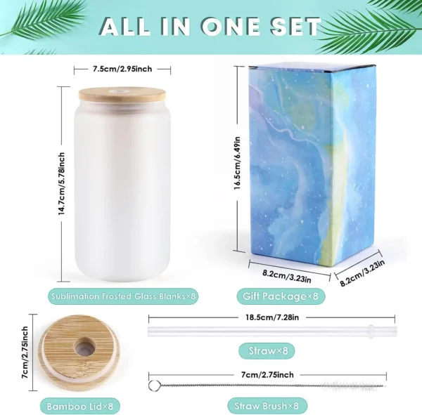 HTVRONT 8 Pack 16OZ Frosted/Clear Glass Sublimation Tumblers with Bamboo Lid Sublimate Tumbler Blanks DIY for Iced Coffee Cups