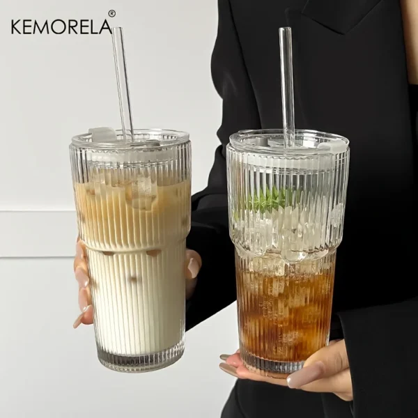 600ML Stripe Glass Coffee Cup With Lid and Straw Transparent Drinking Glasses for Juice Milk Tea Cups Iced Coffee Mugs Drinkware