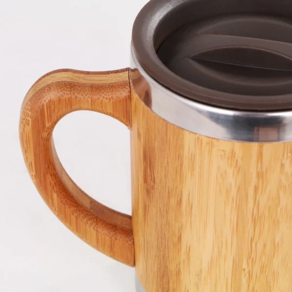 Insulated Bamboo Travel Mug for w/ Handle Leak-Proof Flip Lid Coffee Cup Stainless Steel Thermos 12oz/300ml for Home Off