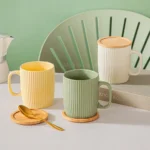 Ceramic Mugs Coffee Cups with Bamboo Lid Milk Tea Cup with Handle Ins Korean Style Oatmeal Breakfast Mug Drinkware Cup Water Cup