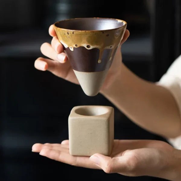 Conical Ceramic Coffee Cup with Base Creativity Mug Japanese-style Teahouse Tea Sets Stoneware Master Cup Funnel Type