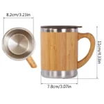 Rustic Bamboo Coffee Mug with Lid Handle Stainless Steel Thermos Tea Cup for Latte Tea Chocolate Juice Water 12 Ounces