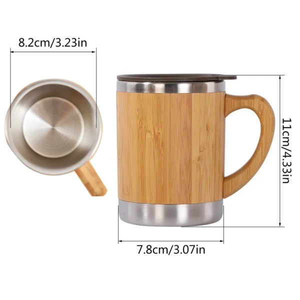 Rustic Bamboo Coffee Mug with Lid Handle Stainless Steel Thermos Tea Cup for Latte Tea Chocolate Juice Water 12 Ounces