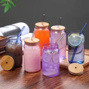 550ml Colored Drinking Glasses With Bamboo Lids And Glass Straw Can Shaped Cups Beer Glasses Iced Coffee Cute Tumbler Cup