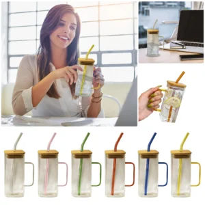 Clear Drinking Glasses Square Glass Cup with Bamboo Lid Colorful Glass Straw Milk Juice Bubble Tea Cup Large Capacity Water Cup