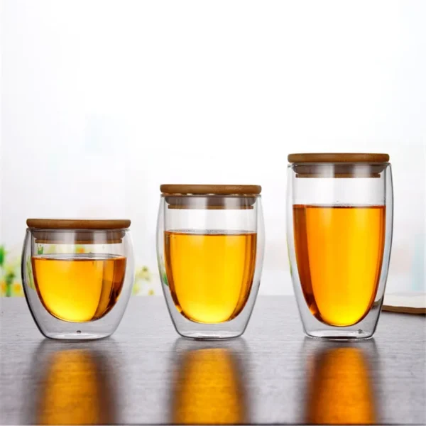 Transparent Double Wall Glass Mug With Bamboo Lid Resistant Tea Beer Mug Milk Lemon Juice Cup Drinkware Lover Coffee Cups Mug