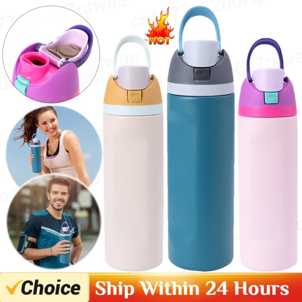 Thermos Cup 24oz Double-Layer Stainless Steel Space Kettle Water Bottle with Straw Car Outdoor Sports Camping Sports