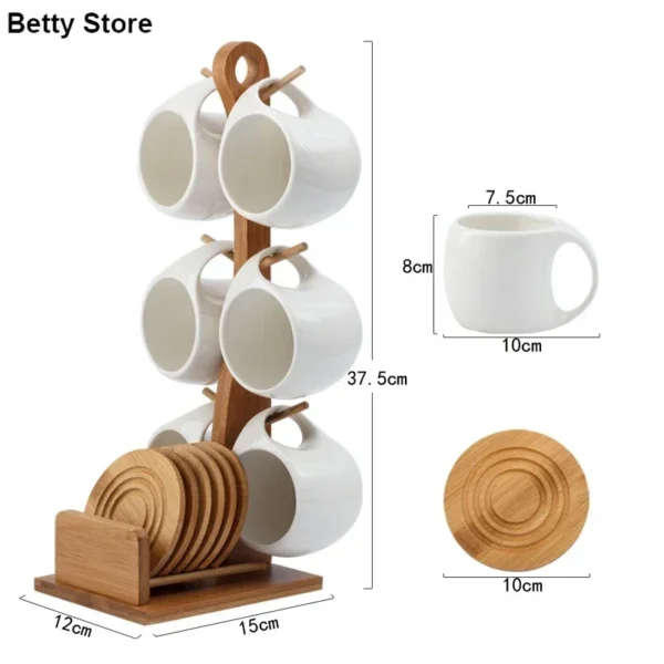 Simple White Ceramic Coffee Cup & Saucer Set Bamboo Wood Stand Afternoon Tea Coffee Tea Cup Delicate 190ml Home Mug Family Gift