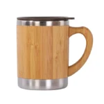 Insulated Bamboo Travel Mug for w/ Handle Leak-Proof Flip Lid Coffee Cup Stainless Steel Thermos 12oz/300ml for Home Off