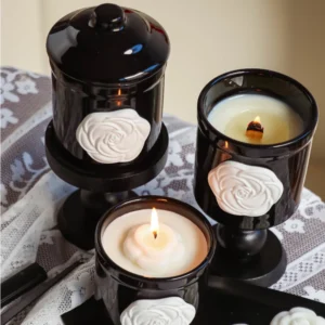 French Camellia Black Ceramic Mug Aromatherapy Cup Coffee Mugs Home Decoration Candle Wooden Holder Household Ornaments