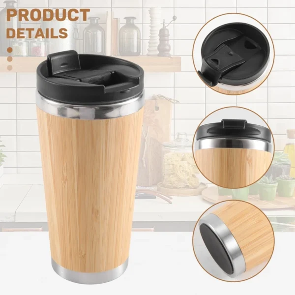 450Ml Bamboo Coffee Cup Stainless Steel Coffee Travel Mug With Leak-Proof Cover Insulated Coffee Accompanying Cup Reusable Woode