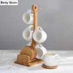 Simple White Ceramic Coffee Cup & Saucer Set Bamboo Wood Stand Afternoon Tea Coffee Tea Cup Delicate 190ml Home Mug Family Gift