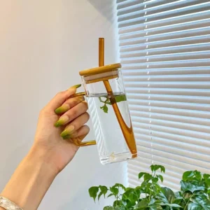 Square Glass Cup with Bamboo Lid, Clear Drinking Glasses, Colorful Glass Straw,, Juice, Bubble Tea Cup, Large Capacity Water Cup