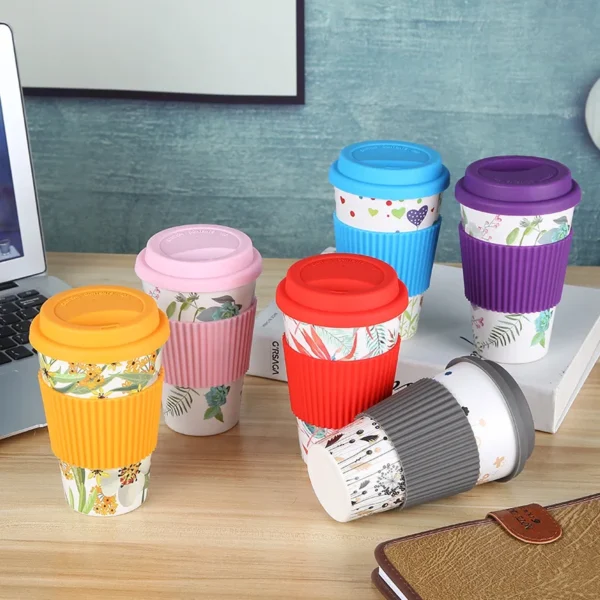 Newl Reusable Bamboo Fibre Coffee Cup Creative Fashion Coffee Tea Mug Wheat Straw Travel with Silicone Lid Mugs 400ml