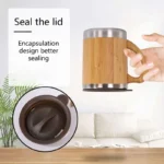 Insulated Bamboo Travel Mug for w/ Handle Leak-Proof Flip Lid Coffee Cup Stainless Steel Thermos 12oz/300ml for Home Off