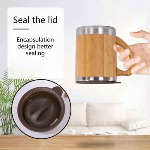 Insulated Bamboo Travel Mug for w/ Handle Leak-Proof Flip Lid Coffee Cup Stainless Steel Thermos 12oz/300ml for Home Off