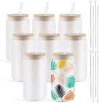 HTVRONT 8 Pack 16OZ Frosted/Clear Glass Sublimation Tumblers with Bamboo Lid Sublimate Tumbler Blanks DIY for Iced Coffee Cups