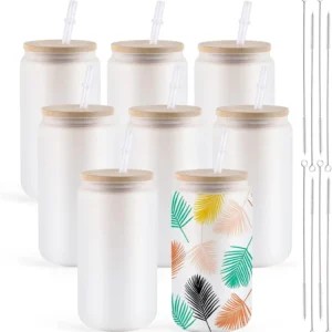 HTVRONT 8 Pack 16OZ Frosted/Clear Glass Sublimation Tumblers with Bamboo Lid Sublimate Tumbler Blanks DIY for Iced Coffee Cups