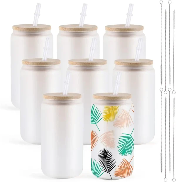 HTVRONT 8 Pack 16OZ Frosted/Clear Glass Sublimation Tumblers with Bamboo Lid Sublimate Tumbler Blanks DIY for Iced Coffee Cups