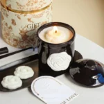 French Camellia Black Ceramic Mug Aromatherapy Cup Coffee Mugs Home Decoration Candle Wooden Holder Household Ornaments