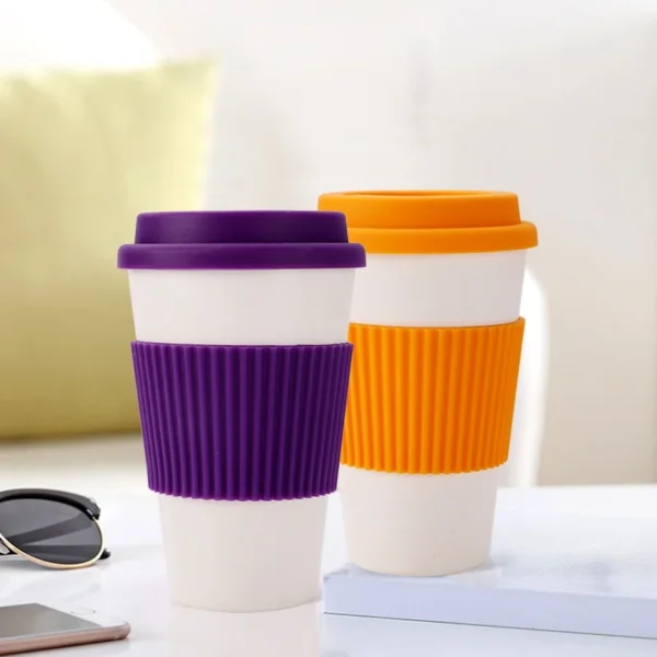 401-500ml Reusable Eco-Friendly Bamboo Fiber Coffee Cup Household Office with Silicone Lid Drinking Bamboo Fiber Cup, Travel Mug