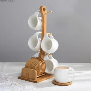 200ml Ceramic Coffee Cup Household Mug Creative Simple Hanging Cold Water Cup Set Kitchen Restaurant Tea Set Bamboo Wood Stand 2