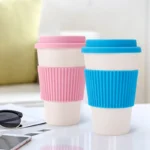 401-500ml Reusable Eco-Friendly Bamboo Fiber Coffee Cup Household Office with Silicone Lid Drinking Bamboo Fiber Cup, Travel Mug