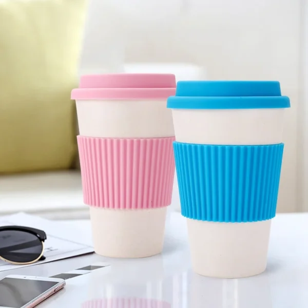 401-500ml Reusable Eco-Friendly Bamboo Fiber Coffee Cup Household Office with Silicone Lid Drinking Bamboo Fiber Cup, Travel Mug