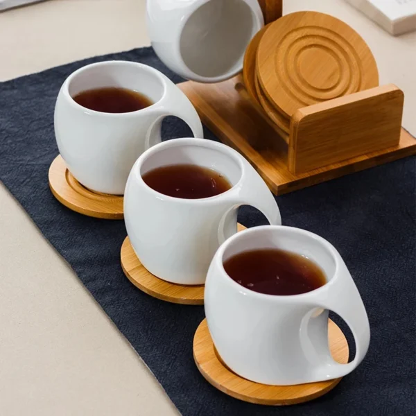 Simple White Ceramic Coffee Cup & Saucer Set Bamboo Wood Stand Afternoon Tea Coffee Tea Cup Delicate 190ml Home Mug Family Gift