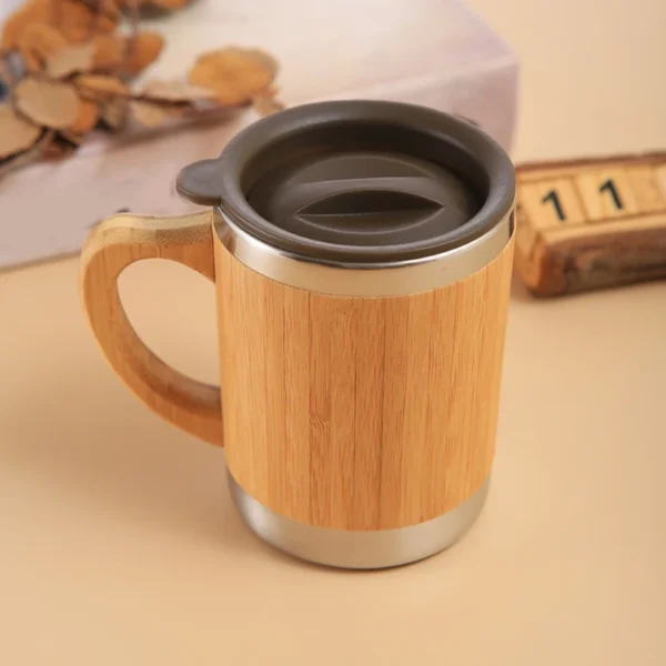 Insulated Bamboo Travel Mug for w/ Handle Leak-Proof Flip Lid Coffee Cup Stainless Steel Thermos 12oz/300ml for Home Off